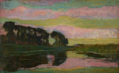 Paisaje fluvial con una fila de árboles a la izquierda, cielo con bandas rosadas y verde-amarillo: Granja en el Gein oculta por árboles altos, c. finales de 1907-08 de Piet Mondrian